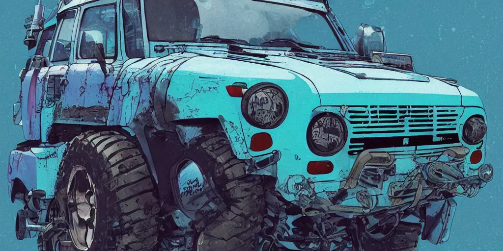 Image similar to digital illustration of a futuristic faded cyan mad max's fj 4 0 decrepit!!!! pursuit special, rusty!!! cyberpunk nissan fj cruiser heavily modded 1 9 9 0 s, the last v 8 interceptor by makoto shinkai, ilya kuvshinov, lois van baarle, rossdraws, basquiat