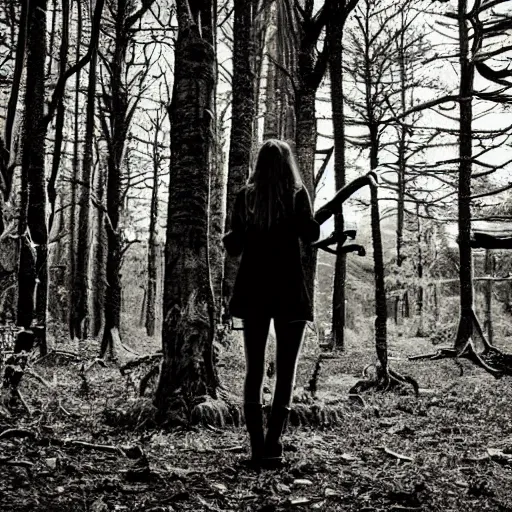 Prompt: A young woman stands in the middle of a dark and eerie forest, her heart racing as she hears the sound of twigs snapping, leaves rustling, and something watching her from the shadows.