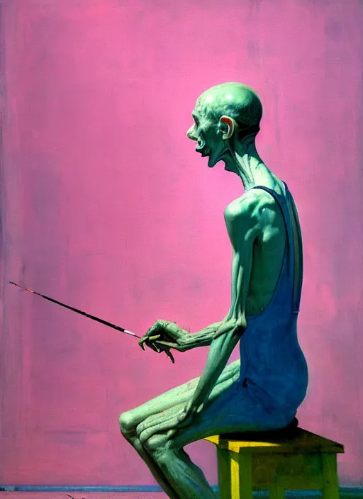 Image similar to an insane, skinny, artist wearing overalls, expressive, painting the walls inside a grand messy studio, hauntingly surreal, highly detailed painting by francis bacon, edward hopper, adrian ghenie, gerhard richter, and james jean, soft light 4 k in pink, green and blue colour palette, cinematic composition,