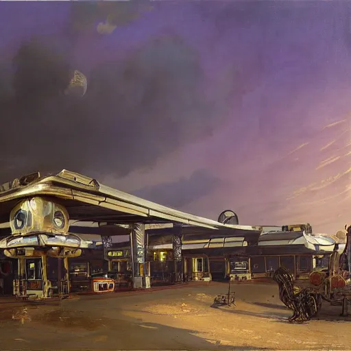 Prompt: painting of syd mead scifi organic shaped gas station with ornate metal work lands on a farm, fossil ornaments, volumetric lights, purple sun, andreas achenbach