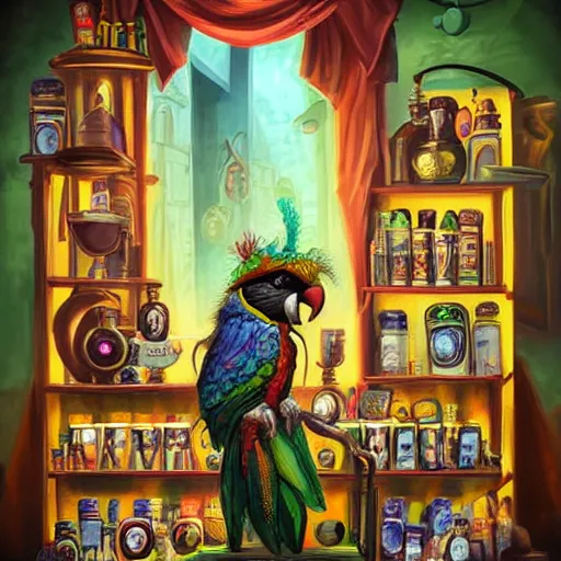 Prompt: Magic the gathering artwork of Anthropomorphized old parrot shopkeeper in his shop, shelves full, selling a gem, portrait, items, magic potions, specimens in glasses, carpet, window, fancy funny hat, sly expression , cunning expression, cute expression, presenting magic gem, D&D, fantasy, cinematic lighting, highly detailed, digital painting, artstation, concept art, smooth, sharp focus, illustration, warm light, cozy warm tint, magic the gathering artwork, volumetric lighting, 8k, no gold, no gold colours, art by Akihiko Yoshida and Greg Rutkowski