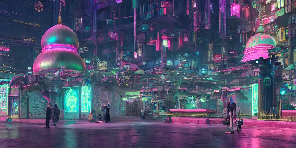 Image similar to Photorealistic cyberpunk mosque in crowded Tokyo night, with great domes and arches, cyan and pink neon lights, people and androids wearing traditional japanese clothing. Hyperdetailed photorealism, UHD, amazing depth, glowing rich colors, golden ration, 3D octane cycle unreal engine 5, 3d shading, cinematic lighting, artstation concept art