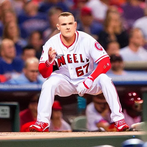 Prompt: “a realistic detailed photo of a guy who is named Mike Trout, hypnotized, baseball player”