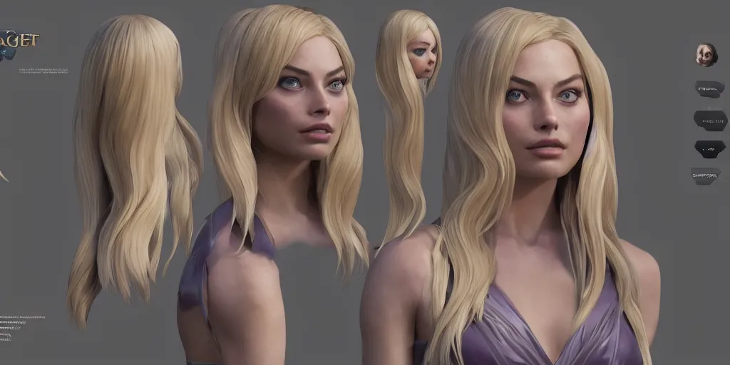 Image similar to Character sheet of Margot Robbie as lux in League of Legends. 3d render, octane render, game art, realistic, highly detailed, trending on artstation, 4k, trending on artstation, pixar, cgsociety, unreal engine 5, redshift render, trending on artstation, blender, behance, cg