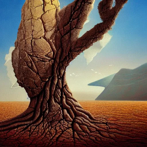 Prompt: a painting of a tree in the desert, a striking airbrush painting by breyten breytenbach, cgsociety, neo - primitivism, airbrush art, dystopian art, apocalypse landscape