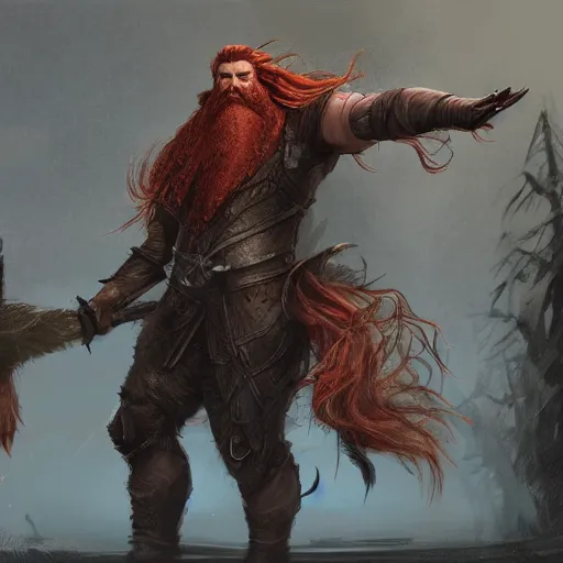 Prompt: a highly detailed portrait of a epic massive fantasy giant with red hair and beard standing ominously in a field concept art