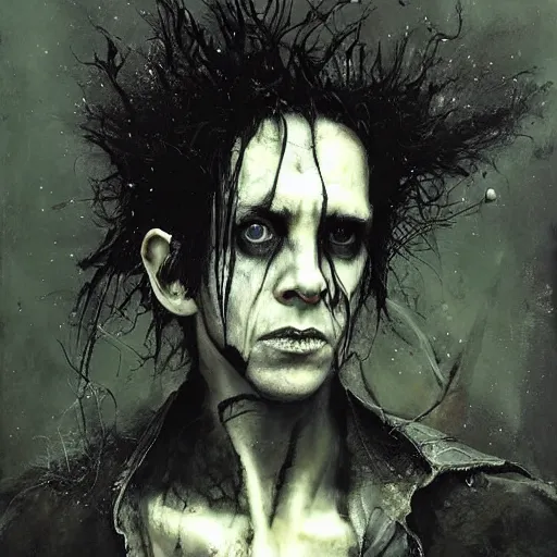 Prompt: stunning portrait of gaunt sting a ( the cure fan ) as dream from sandman, dim stars as eyes, by jeremy mann, by cedric peyravernay, by by russ mills, by richard avedon and ben templesmith, dramatic lightning, sadness, dark eye sockets, in the shadows, punk rock, gothic, high detailed, 8 k