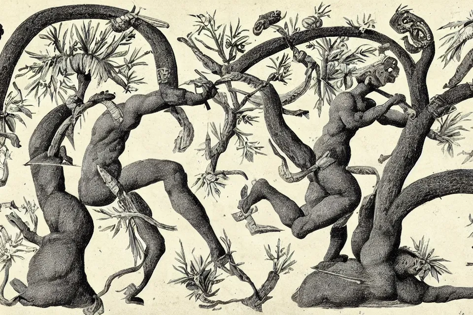 Prompt: detailed 18th century illustration of the evolutionary tree of fighter