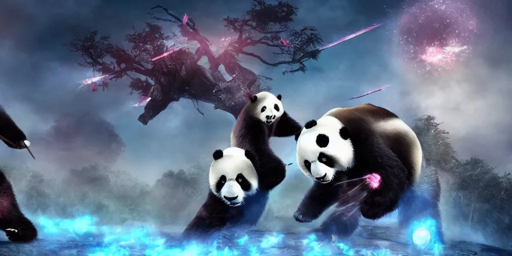 Image similar to giant pandas fighting vs magic unicorns, fantasy apocalypse, digital art, epic battle, unreal engine 5, 4 k,