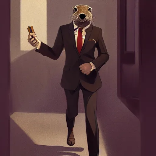 Image similar to well proportioned, stylized expressive master furry art painting of an anthro otter, headshot, wearing suit and tie, walking to his job character portrait feature stylized by blotch, rukis, charlie bowater, ross tran, artgerm, makoto shinkai, detailed, soft lighting, rendered in octane