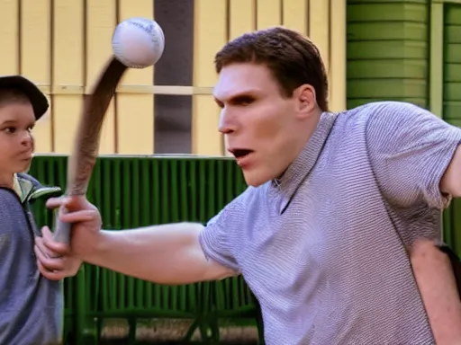 Image similar to jerma hitting a child with an aluminum baseball bat