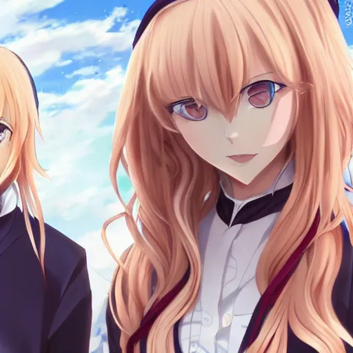 Image similar to blonde anime girl with long hair, wearing headmistress uniform, talking with aloof anime man with emo hair, sharp details, subsurface scattering, intricate details, art by artgerm, anime, anime hd wallpaper, 2 0 1 9 anime screenshot