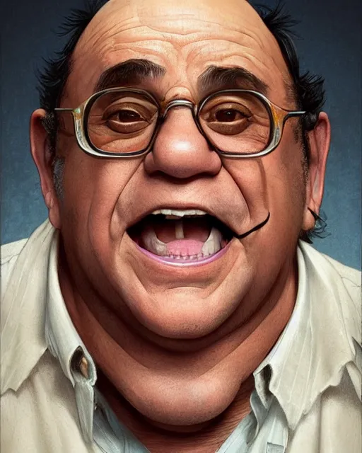 Image similar to character portrait of danny devito, intricate, wild, highly detailed, digital painting, artstation, upper body, concept art, smooth, sharp focus, illustration, art by artgerm and greg rutkowski and alphonse mucha