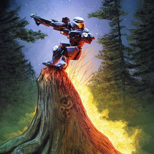 Image similar to master chief riding a tree in the middle of a forest while thr forest is burning down