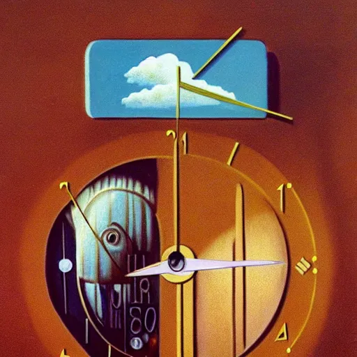 Prompt: synchronicity clock illustration detailed surrealism rene magritte