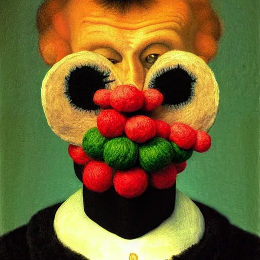 Image similar to portrait photo of a wool sock with giant eyes, face made from pixels and voxels, extremely high details, realistic, by Giuseppe Arcimboldo, Edward Hopper, Rene Margitte