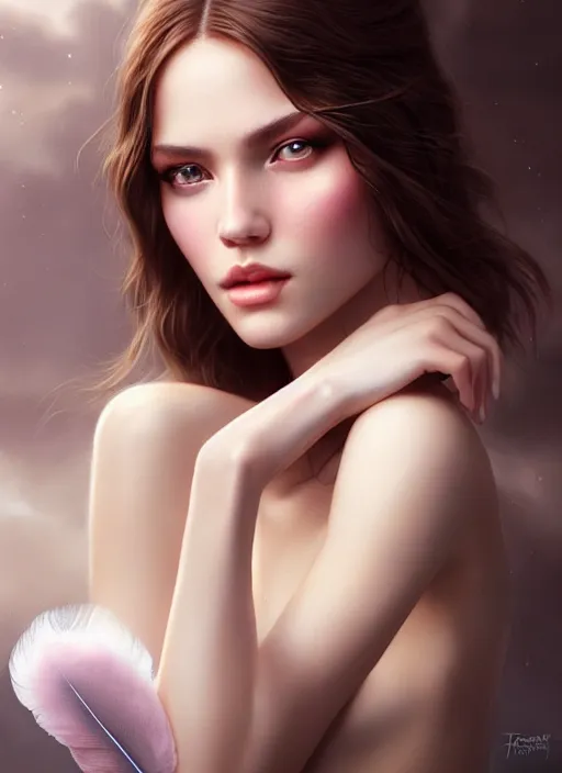 Image similar to a gorgeous female photo, professionally retouched, soft lighting, wearing a feather dress, realistic, smooth face, perfect eyes, wide angle, sharp focus on eyes, 8 k high definition, insanely detailed, intricate, elegant, art by artgerm and greg rutkowski and tom bagshaw