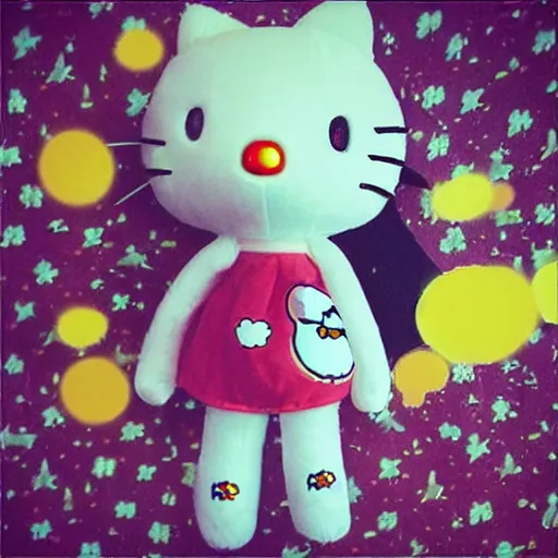 Image similar to “burning flaming hello kitty plush doll falling from the night sky, explosion burning glowing particles everywhere raining down from dark black sky into a dark cornfield. Flash photo.”