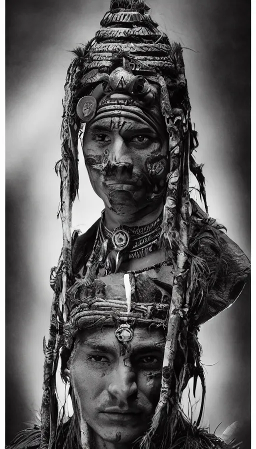 Prompt: vintage 35mm photo portrait of a single futuristic Aztec priest with a native look, wide nose, dark eyes with a jungle background in the style of Apocalypto directed by Mel Gibson, jungle, VFX, Octane Renderer, trending on CGSociety, elongated cranium long forehead, lighted LED buttons, stone carvings, neon