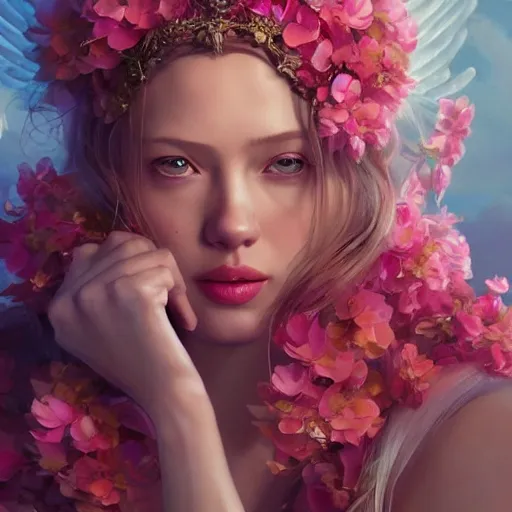 Prompt: scarlet johansonexpressive full body photo, of beautiful angel, smooth glowing skin, ornate headpiece made from pink flowers, glamour shot, by yoshitaka amano, by greg rutkowski, by jeremyg lipkinng, by artgerm, digital art, octane render