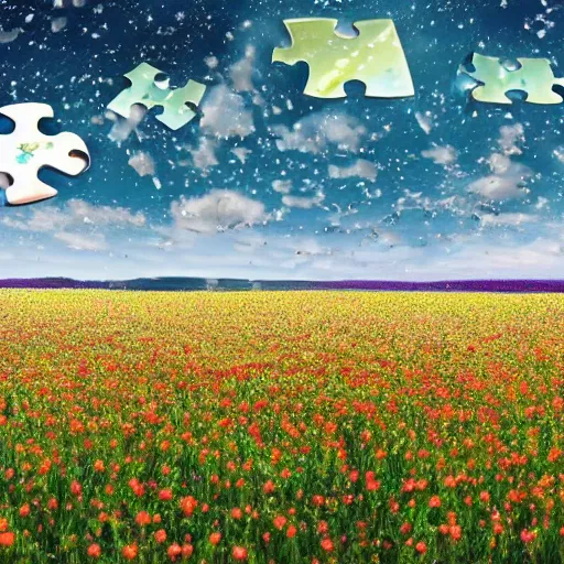 Prompt: puzzle pieces fall from the sky at a field of flowers. high fantasy art 8k.