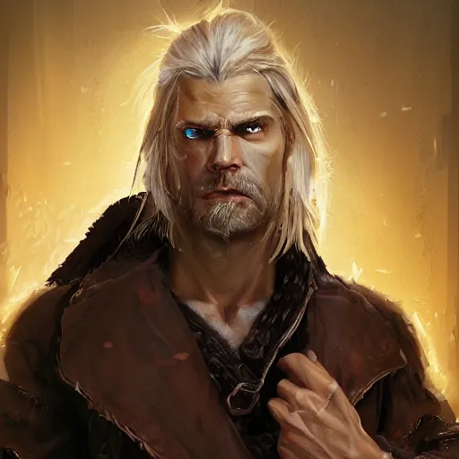 Image similar to portrait of a muscular, grim, ponytail haired blonde man in his late 30's, wearing a thick brown leather coat, looking to his side, scarred face, blue eyes, hunter, DnD character, fantasy character, dramatic lighting, digital art by Ruan Jia, Krenz Cushart, Rossdraws and Boris Vallejo