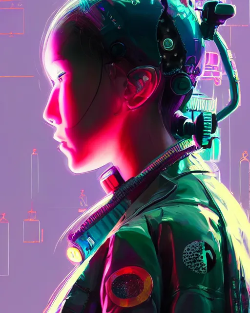 Image similar to detailed side profile portrait Neon Operator Girl, cyberpunk futuristic neon, reflective puffy coat, decorated with traditional Japanese ornaments by Ismail inceoglu dragan bibin hans thoma greg rutkowski Alexandros Pyromallis Nekro Rene Maritte Illustrated, Perfect face, fine details, realistic shaded, fine-face, pretty face