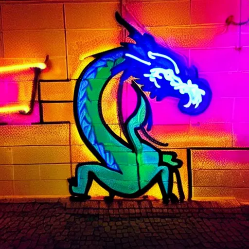 Prompt: “fire breathing dragon, neon graffiti, vivid colours”