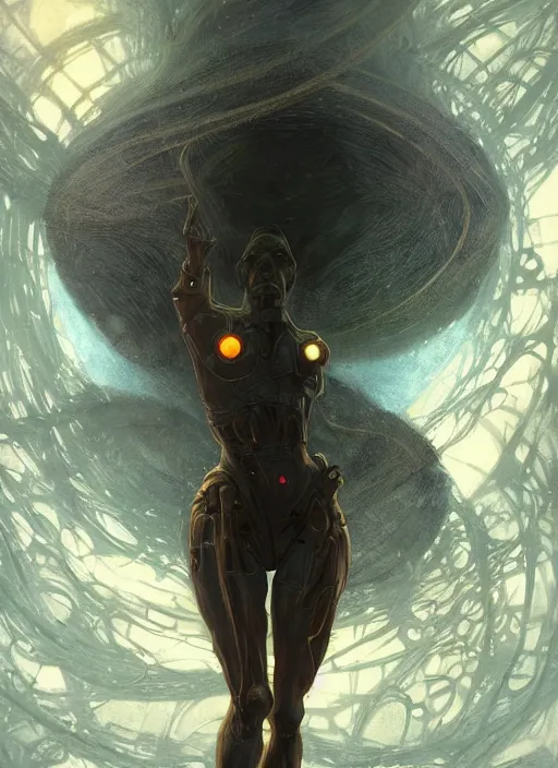 Image similar to humanoid black hole, fantasy, extremely detailed, digital painting, artstation, concept art, smooth, sharp focus, illustration, stunning lighting, art by artgerm and greg rutkowski and alphonse mucha and simon stalenhag, realistic character concept, high fantasy, light atmosphere, golden ratio, cinematic lighting, hyperdetailed, high resolution, insanely detailed and intricate, artstation, Marc Simonetti, Greg Rutkowski, 8k, HD, unreal engine