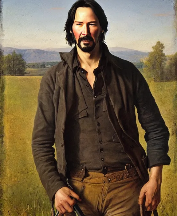 Image similar to portrait of keanu reeves as a kentucky farmhand, art by denys tsiperko and bogdan rezunenko and george caleb bingham, hyperrealism