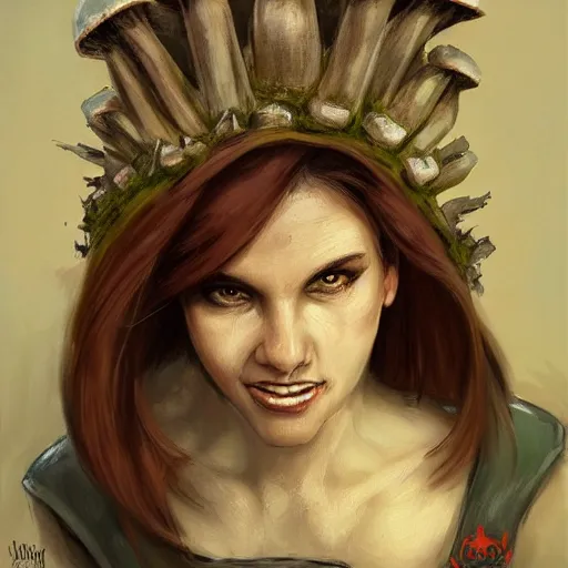 Image similar to doomguy as an attractive young smiling woman wearing a mushroom crown and heavy armoured wedding dress, face portrait, hd shot, digital portrait, beautiful, fantasy art, artstation, comic style, by artgerm, guy denning, jakub rozalski, magali villeneuve and charlie bowater