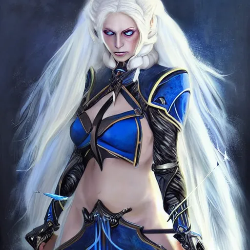 Prompt: a beautiful painting of a dark elf woman with long white hair wearing a blue outfit with a bow and quiver of arrows strapped to her back, piercing blue eyes by Raymond Swanland