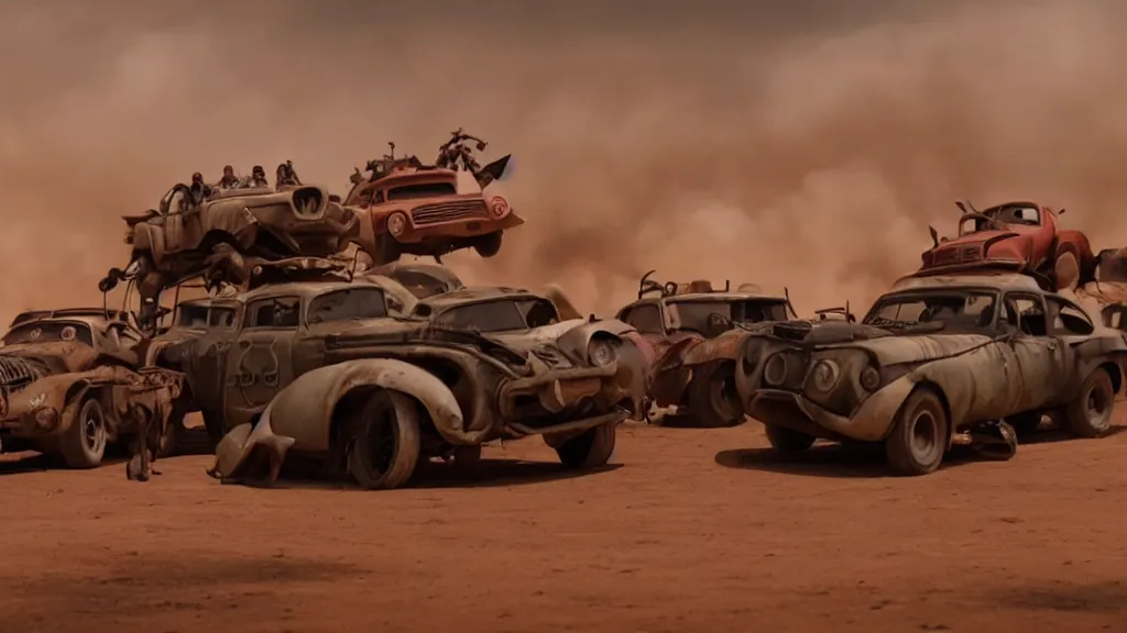 Image similar to pixar cars in mad max fury road, cartoon eyes, war boys, furiosa, explosions, imax