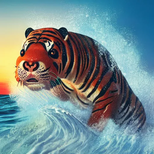 Image similar to a closeup photorealistic photograph of a happy cute tiger hippopotamus riding a large wave during sunset. surf in the background. professional capture. brightly lit scene. this 4 k hd image is trending on artstation, featured on behance, well - rendered, extra crisp, features intricate detail, epic composition and the style of unreal engine.