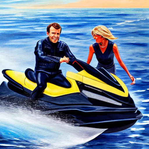 Image similar to photography, emmanuel macron driving a jetski, next to brigitte macron swimming, ultra realistic, concept art, intricate details, highly detailed, photorealistic