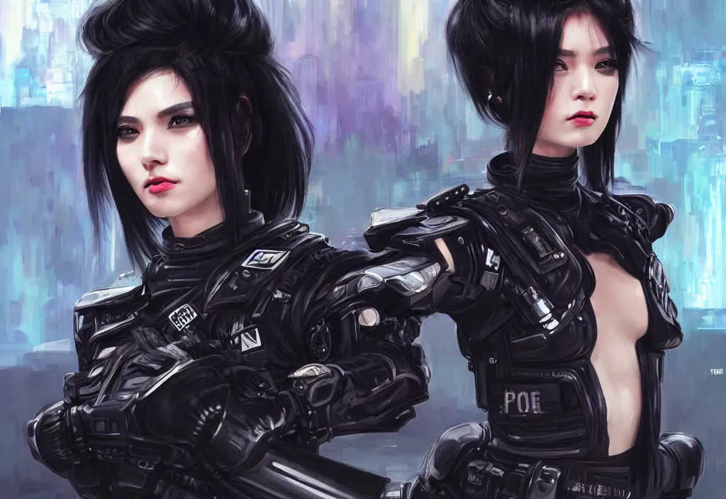 Image similar to portrait black hair of futuristic female police, black armored uniform, tatoo, at rooftop futuristic colorpunk tokyo neon flash night, ssci - fi and fantasy, intricate and very very very beautiful, highly detailed, digital painting, artstation, concept art, smooth and sharp focus, illustration, art by tian zi and wlop and alphonse mucha, frostbite engine