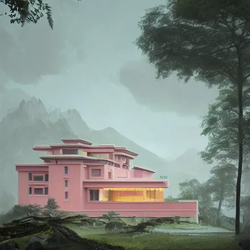 Image similar to modernist house inspired by a tibetan palace between big trees, light pink clouds, dramatic lighting, artstation, matte painting, raphael lacoste, simon stalenhag, frank lloyd wright, zaha hadid