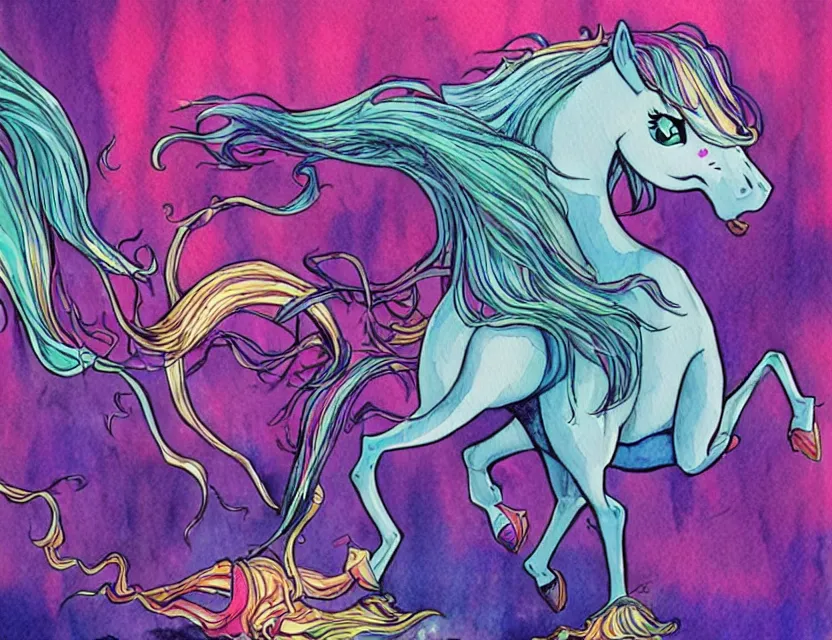 Prompt: amorphous lifeform taking over a unicorn's body. this watercolor painting by the award - winning comic artist has dramatic lighting, an interesting color scheme and intricate details.