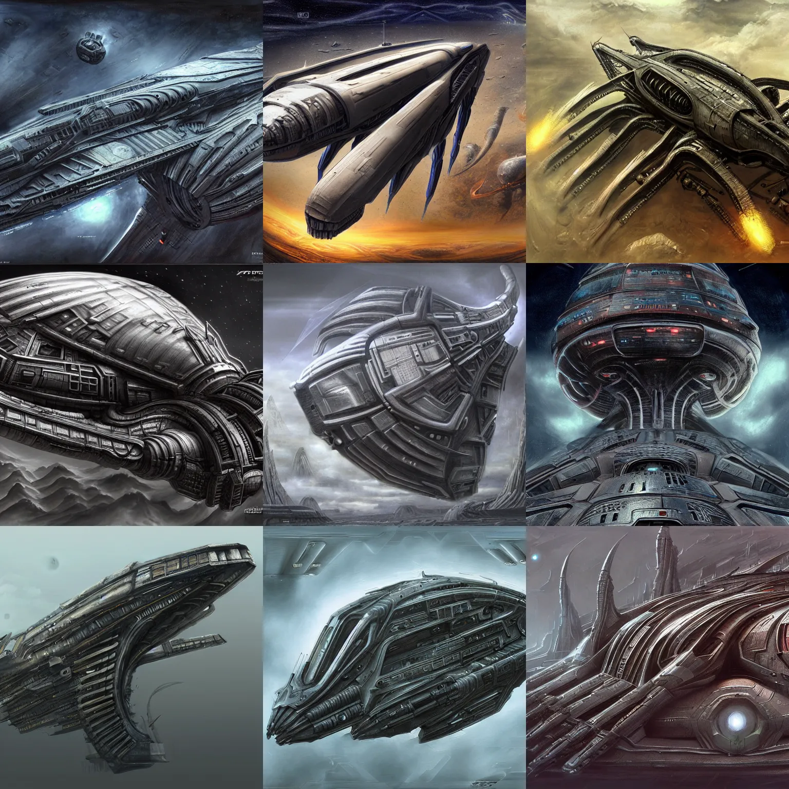 Prompt: a giant spaceship in the style of h. r. giger, realistic painting, high definition, digital art, matte painting, very detailed, concept art, pixiv, deviantart, artstation, illustration, realistic