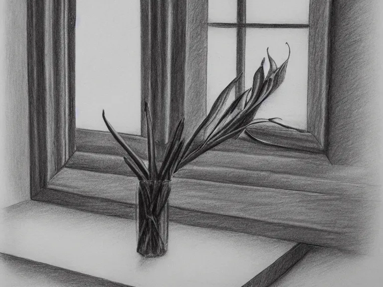 Image similar to a pencil drawing of one single flower on a window sill. by pen tacular