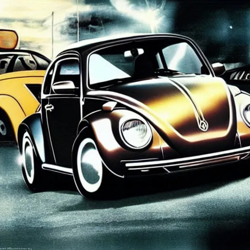 Image similar to back to the future with a volkswagen beetle, movie poster, epic lighting, eighties, sci - fi, artistic