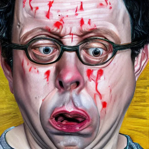 Image similar to high quality high detail painting of todd solondz portrait, sad, showing strong repulsion, pain, no fun ; full of sorrow, by lucian freud and francis bacon, hd, photorealistic lighting