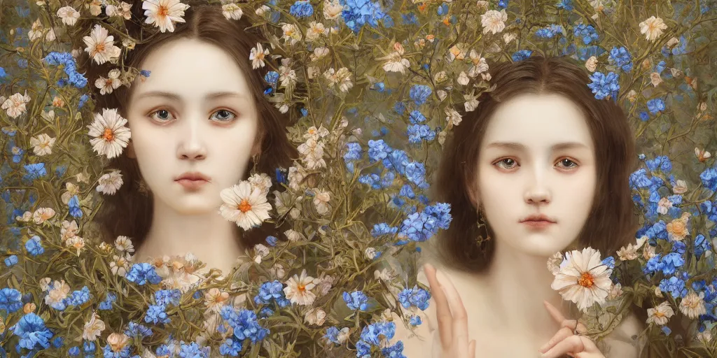 Image similar to breathtaking detailed concept art painting portrait of the goddess of nemophila flowers, orthodox saint, with anxious piercing eyes, ornate background, amalgamation of leaves and flowers, by hsiao - ron cheng, extremely moody lighting, 8 k