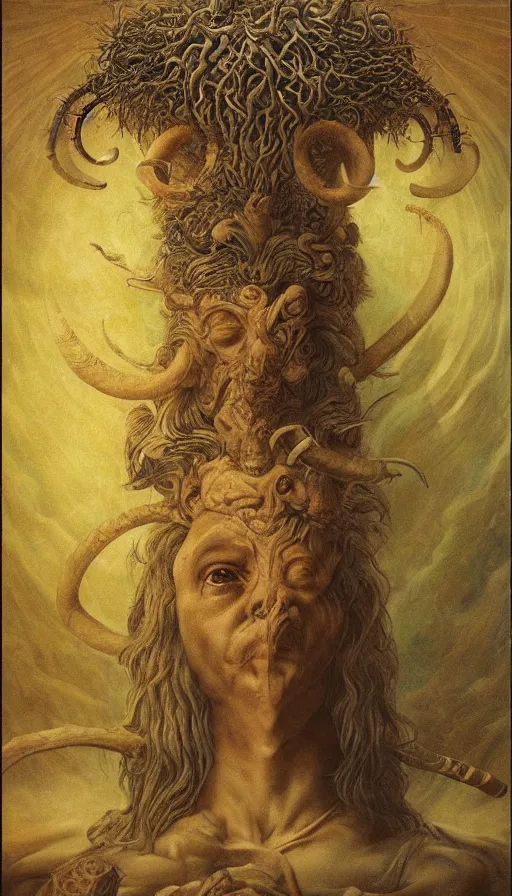 Prompt: the emperor, ram horns sprouting from his head, golden taurus, mars energy, ankh, wisdom, agostino arrivabene