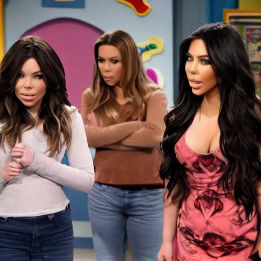 Image similar to Icarly with kim kardashian as Carly, 8k full HD photo, cinematic lighting, anatomically correct, oscar award winning, action filled, correct eye placement,