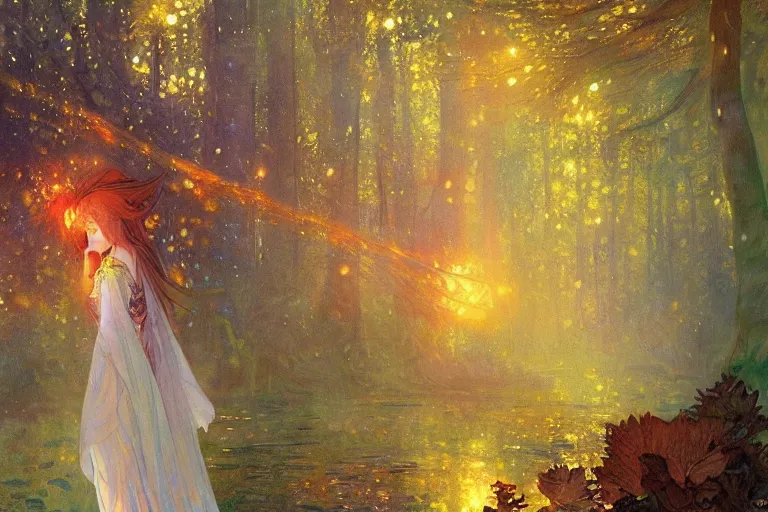 Image similar to a beautiful painting of rainy night forest of spirit, a fairy tale in fall, firefly, phosphorescent, shimmering and prismatic, rococo, by krenz cushart and mucha and monet, trending on artstation.