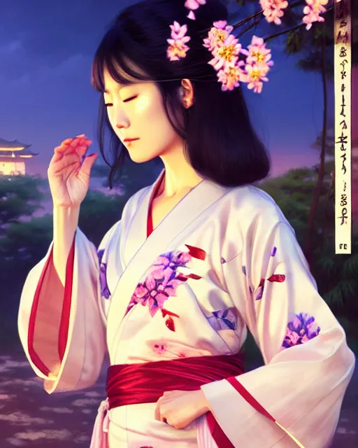 Image similar to a beautiful okinawa girl wear elegant yukata in festival | | summer night, realistic shaded, pleasant face, good looking, fine details, 4 k realistic, cryengine, realistic shaded lighting poster by greg rutkowski, magali villeneuve, artgerm, jeremy lipkin and michael garmash and rob rey