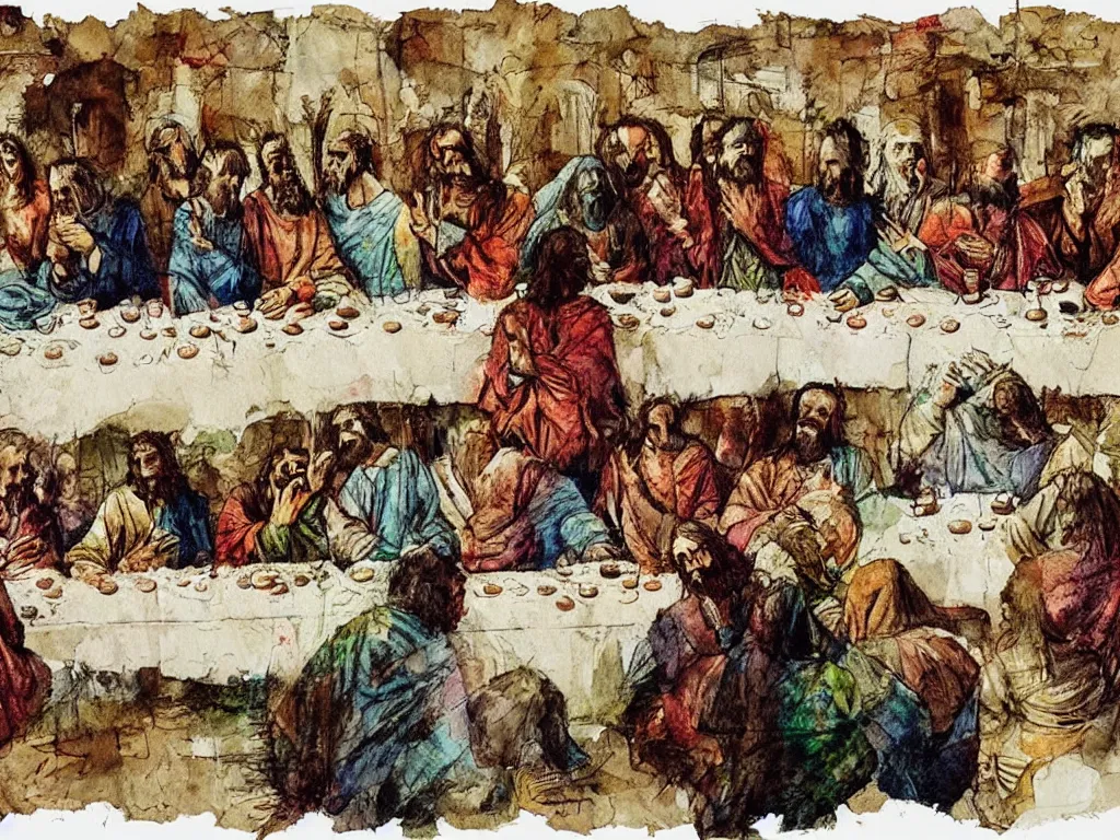 Image similar to a distressed mixed media illustration of the last supper by bill sienkiewicz, asheleywood,