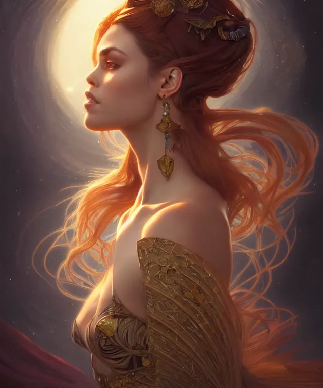 Image similar to fantasy magic woman portrait, sci-fi, amber eyes, face, long hair, fantasy, intricate, elegant, highly detailed, digital painting, artstation, concept art, smooth, sharp focus, illustration, art by artgerm and greg rutkowski and alphonse mucha