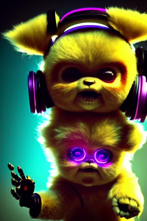 Image similar to high quality 3 d render neo - cyberpunk very cute fluffy! screaming chucky doll!! cyborg with headphones, mechanical paw, highly detailed, unreal engine cinematic smooth, in the style of detective pikachu, hannah yata charlie immer, neon purple light, low angle, uhd 8 k, sharp focus